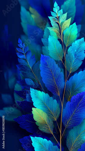 Vibrant blue and green overlapping leaves pattern