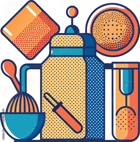 Vibrant kitchen utensils and gadgets in modern pop art style
