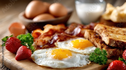Wallpaper Mural Delicious breakfast plate featuring eggs, bacon, toast, strawberries and eggs Torontodigital.ca