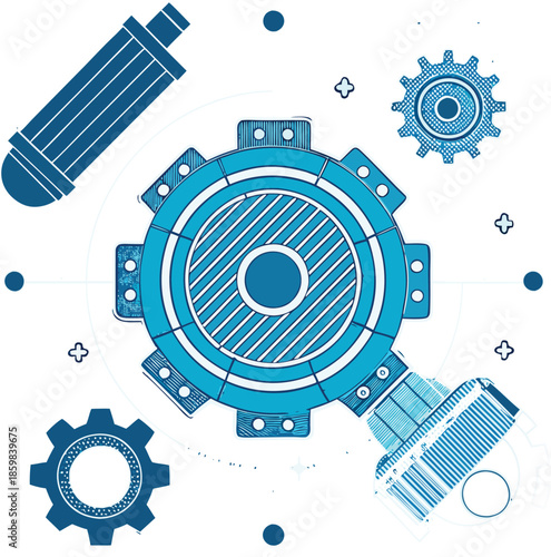 Industrial gears and mechanical parts in blue tones for tech designs
