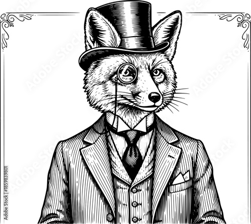 Elegant Fox Gentleman Engraving Illustration, Dressed in a Suit
