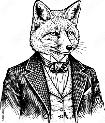 Elegant Fox Gentleman Engraving Illustration, Dressed in a Suit

