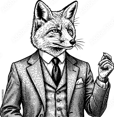 Elegant Fox Gentleman Engraving Illustration, Dressed in a Suit
