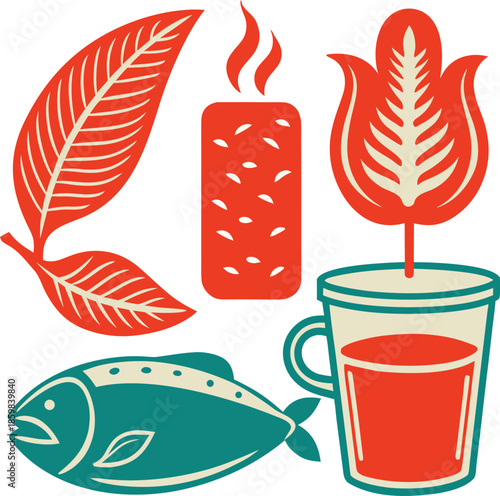 Vibrant tea time still life with fish and leaves