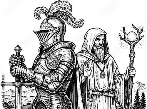 Engraved Illustration of a Knight in Shining Armor with a Mystic
