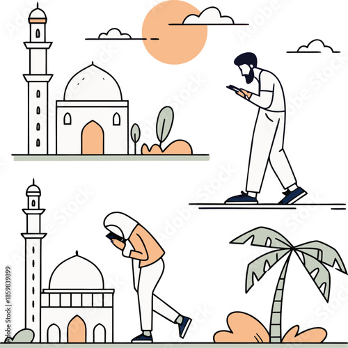 People using smartphones near mosques in a serene outdoor setting