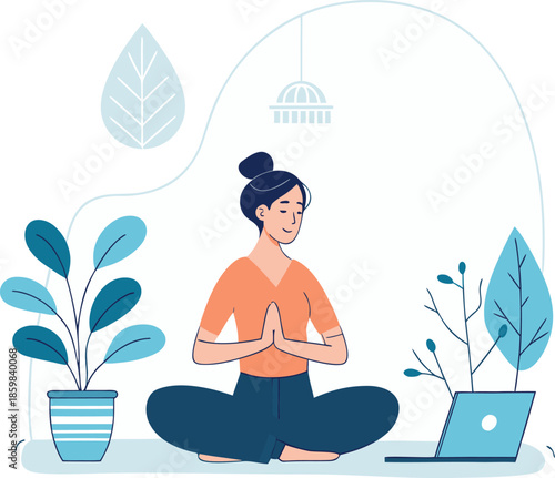 Woman meditating in peaceful home office with laptop and plants