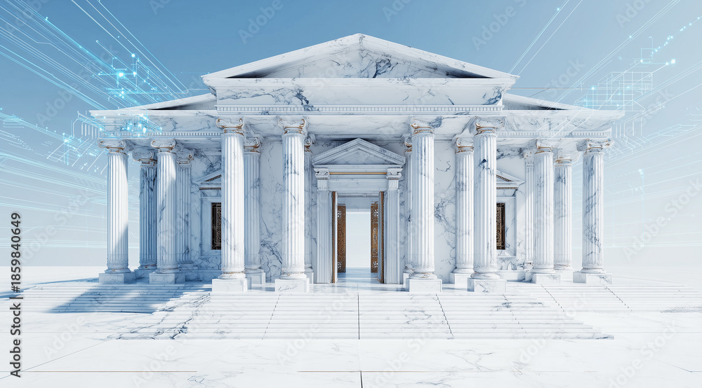 Fototapeta premium Futuristic white marble temple with glowing digital elements under clear blue sky