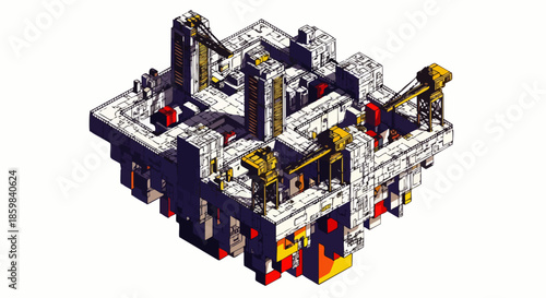 An intricate isometric pixel art rendering of a futuristic industrial complex with cranes and molten elements, showcasing detailed digital architecture.