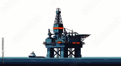 A large offshore oil drilling platform stands in the ocean next to a supply vessel, symbolizing industrial energy production.