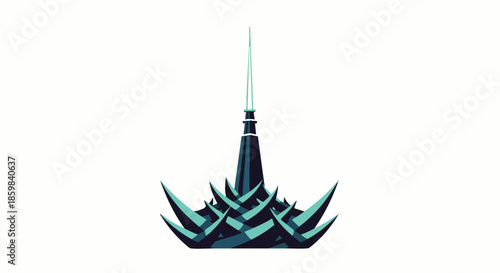 Futuristic spire structure with sharp, crystalline protrusions against a stark white background, evoking a sense of advanced design.