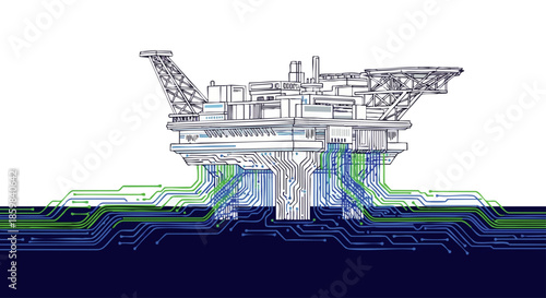 A futuristic digital representation of an offshore oil rig seamlessly integrated with advanced circuit board technology, symbolizing smart energy and industrial innovation.