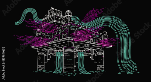 An intricate digital rendering of a futuristic industrial platform, adorned with vibrant flowing data streams, symbolizes complex technological processes and energy networks.