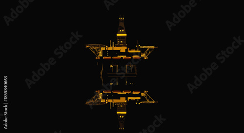 An illuminated oil rig platform stands tall against a dark background, its reflection shimmering on the still water below.