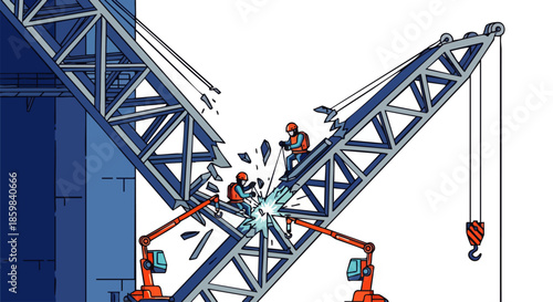 Skilled workers and advanced robotic technology meticulously construct a robust metal structure, illustrating modern industrial development and collaborative effort.