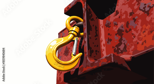 A robust yellow industrial lifting hook, essential for heavy construction and logistics, securely fastened to a textured, rust-colored metal beam, highlighting strength and durability.