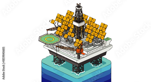 Isometric illustration of an offshore oil rig featuring solar panels, symbolizing a hybrid energy solution blending traditional extraction with renewable power generation.