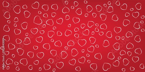 Red background with scattered heart shapes.
