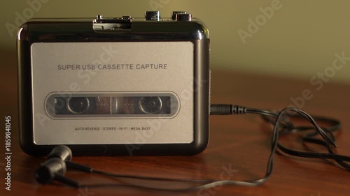  Small black and white cassette player and small headphone