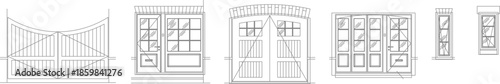 A collection of detailed vector elevations featuring traditional wooden gates, timber doors with glass panes, and arched stone frame designs.