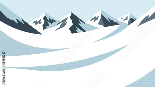 Expansive serene minimalist vector winter mountain landscape showcasing snow-covered peaks and gentle rolling slopes under a clear, cool, tranquil