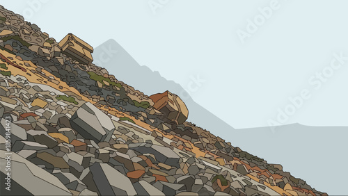 Detailed illustrative landscape of a vast mountain scree slope adorned with countless angular rocks and weathered boulders beneath a subtly depicted