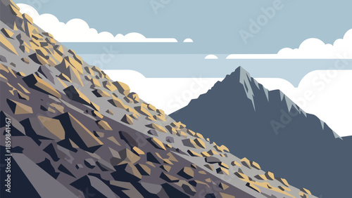 Dynamic vector illustration of a dramatic mountain range showcasing a rocky scree field in foreground and towering distant peaks against a clear sky