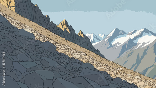 Expansive alpine vista showcasing dramatic sunlit rocky peaks and a shadowed scree slope leading to distant snow-covered summits clear blue sky