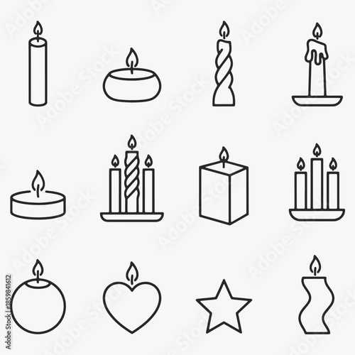 The image features a collection of candle shapes and sizes, each with a single lit candle at the center.