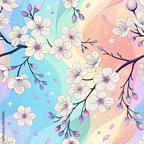 White cherry blossoms on dark branches against a pastel rainbow gradient background pattern