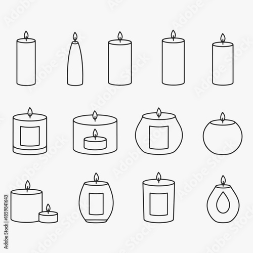 The image features a collection of candle shapes and sizes, each with a single lit candle at the center.