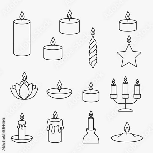 The image features a collection of candle shapes and sizes, each with a single lit candle at the center.