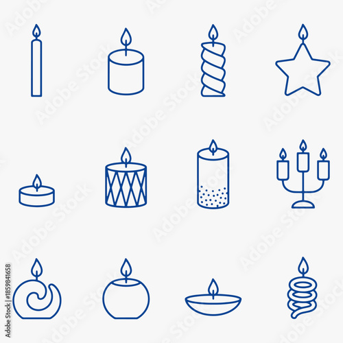 The image features a collection of candle shapes and sizes, each with a single lit candle at the center.