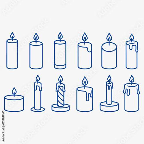 The image features a collection of candle shapes and sizes, each with a single lit candle at the center.