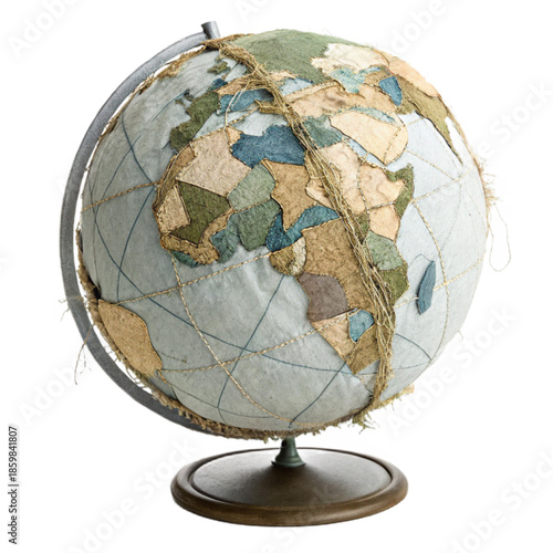 A unique, compact globe made from worn fabric scraps and frayed threads, perfect for decorative or educational purposes.