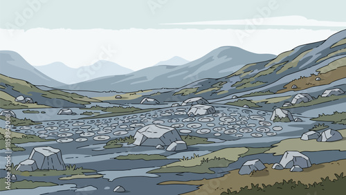 Digital illustration of a tranquil mountainous landscape, featuring a calm lake with stylized floating circles, surrounded by rocks and rolling