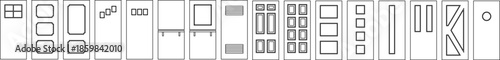 Vector collection of door elevation designs with panels and glass layouts, drawn in clean line style for architectural drawings and CAD use.