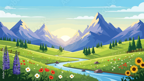 Idyllic mountain valley landscape with winding river and vibrant wildflowers at sunrise, a peaceful nature scene illustration