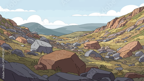 Vast cartoon valley with scattered rocks and sparse vegetation beneath a wide blue sky with clouds, depicting an untamed natural highland