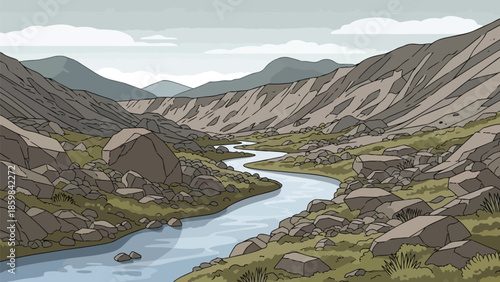 Serene cartoon landscape of a winding river flowing through a rugged mountain valley, showcasing an untouched natural environment with rocky slopes