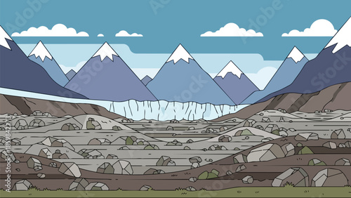 Expansive mountainous glacial landscape with prominent snow-capped peaks and a vast rocky foreground.