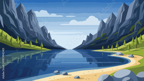A beautiful vector illustration of a tranquil mountain lake surrounded by majestic peaks and green slopes, with a sandy beach and clear reflections.