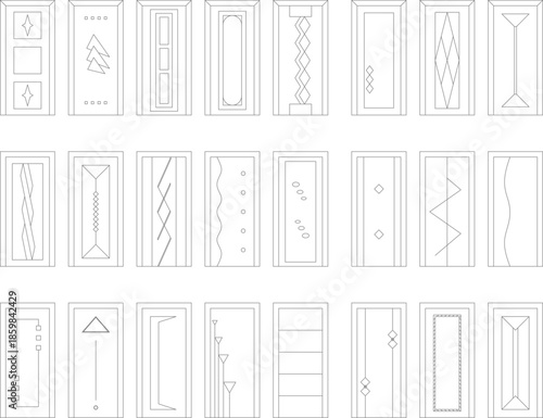 Minimalist vector set of modern door panel designs in thin line style, suitable for architectural drawings, CAD, and interior design.