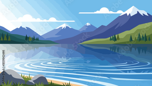 Serene flat design illustration of a majestic mountain lake reflecting the clear blue sky