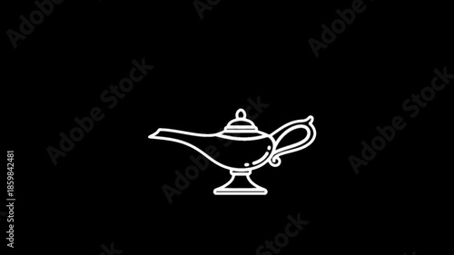 Animated outline genie lamp icon showing a shaking motion with vapor coming from the spout. Simple line illustration presented as an isolated element on a dark background. HD video with alpha channel