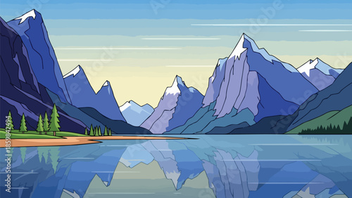 Vibrant vector illustration of majestic mountains reflecting in a serene alpine lake under a clear sky
