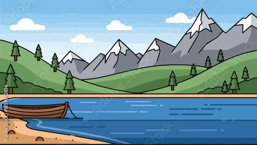 Serene animated landscape with calm mountain lake, wooden boat by shore, framed by green hills, tall trees, and snow-capped peaks under blue sky