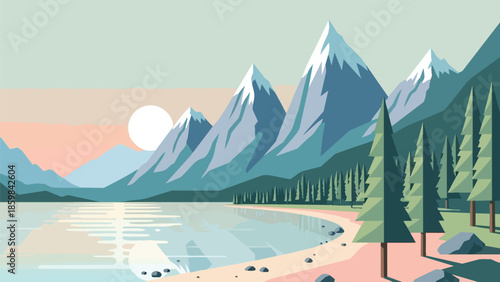 Serene vector landscape of an alpine lake at sunrise, with snow-capped peaks and reflective waters.