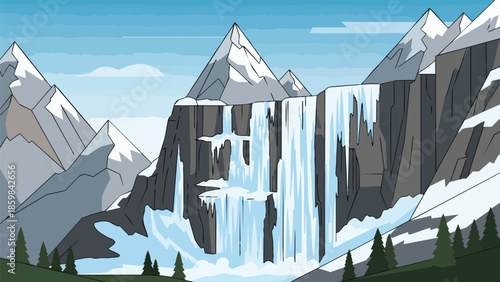 Vivid cartoon scene presenting a breathtaking mountain landscape where a mighty waterfall descends icy cliffs among snow-capped peaks beneath a