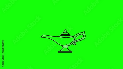 Line animation of a genie lamp icon with shaking motion and vapor rising from the spout. Outline illustration displayed on a green background for chroma key use. Simple animated element. HD video